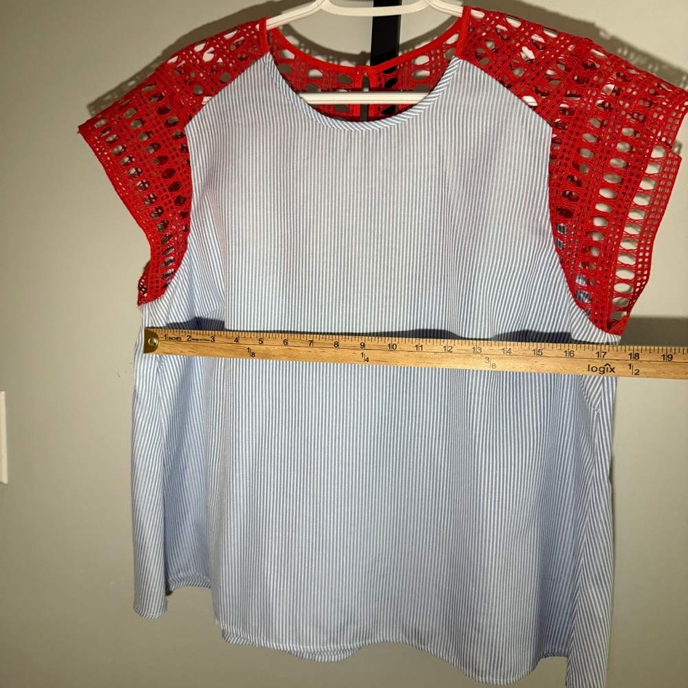 Anthropologie Red Crochet & Blue Stripe Cap-Sleeve Blouse - Picture 4 of 6